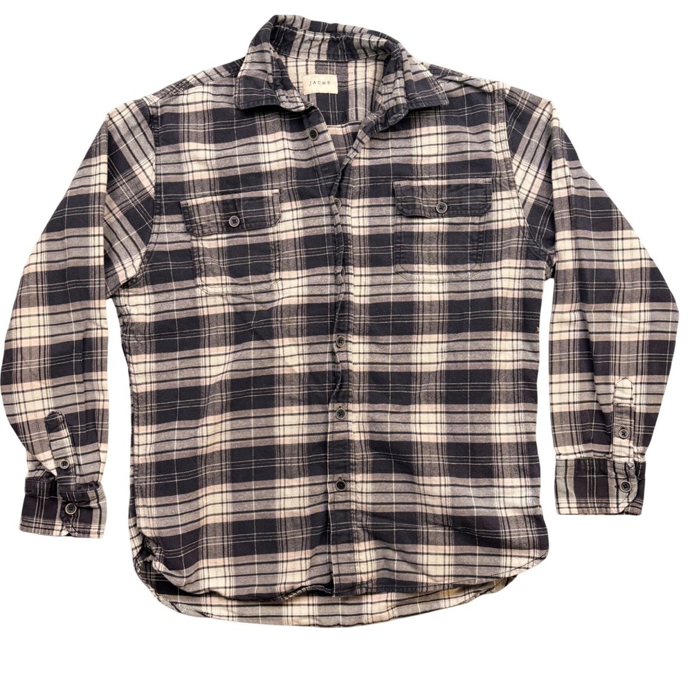 Jachs NY Mens Large Flannel Button Down Shirt Navy Blue White Plaid Long Sleeve